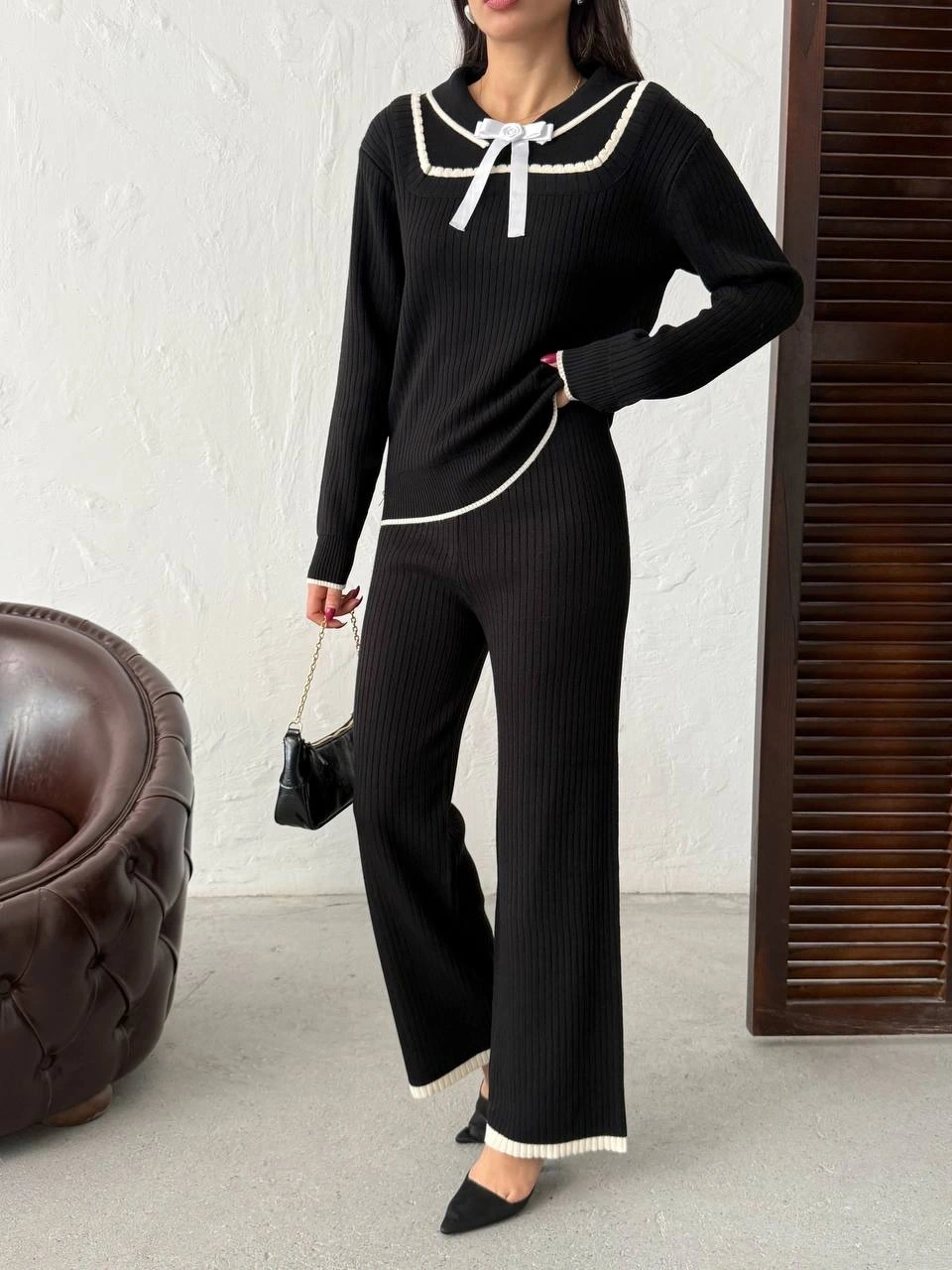 Kadın Siyah Fiyonk Detaylı Fitilli Alt Üst Şık Triko Takım