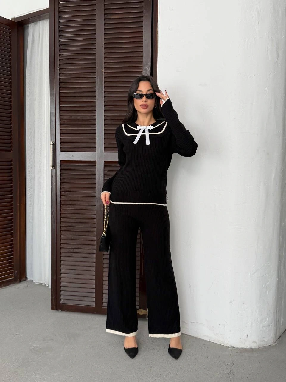 Kadın Siyah Fiyonk Detaylı Fitilli Alt Üst Şık Triko Takım