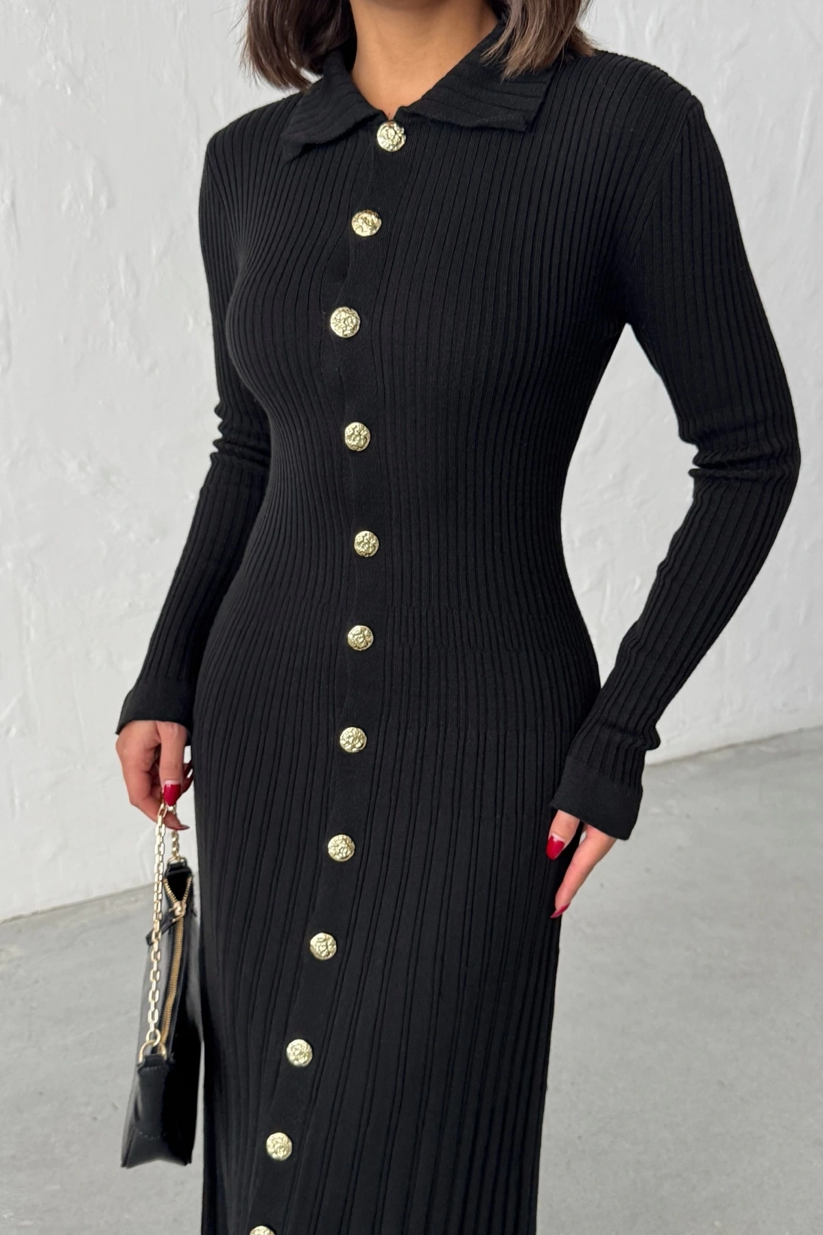 Kadın Siyah Gold Düğme detaylı Fitilli Uzun Triko Elbise