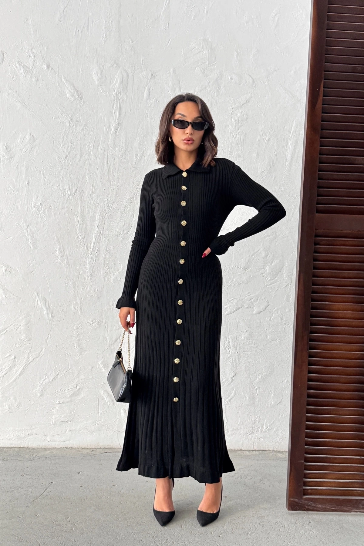 Kadın Siyah Gold Düğme detaylı Fitilli Uzun Triko Elbise