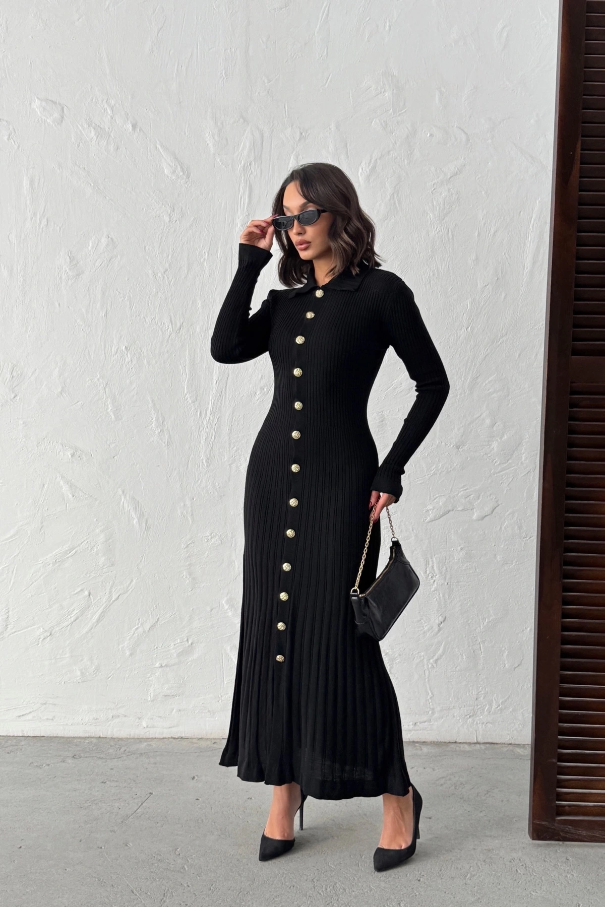 Kadın Siyah Gold Düğme detaylı Fitilli Uzun Triko Elbise
