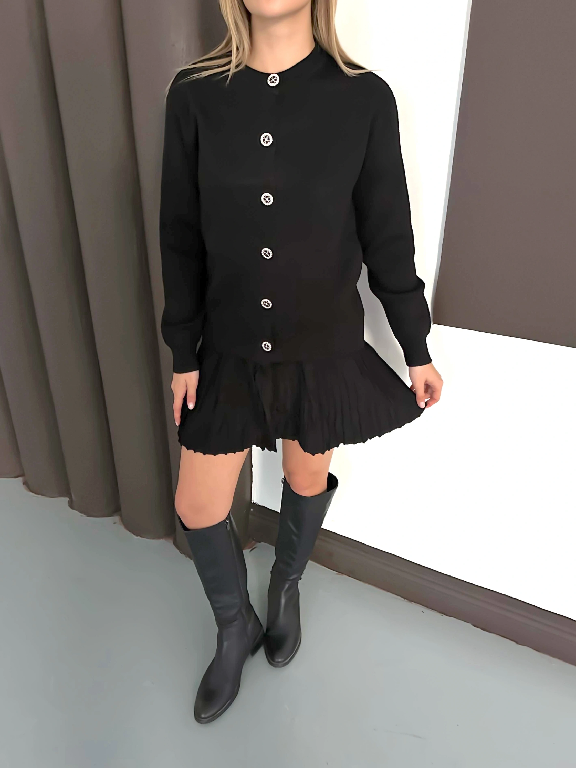 Kadın Siyah Hırka Crop Etek Üçlü Triko Takım