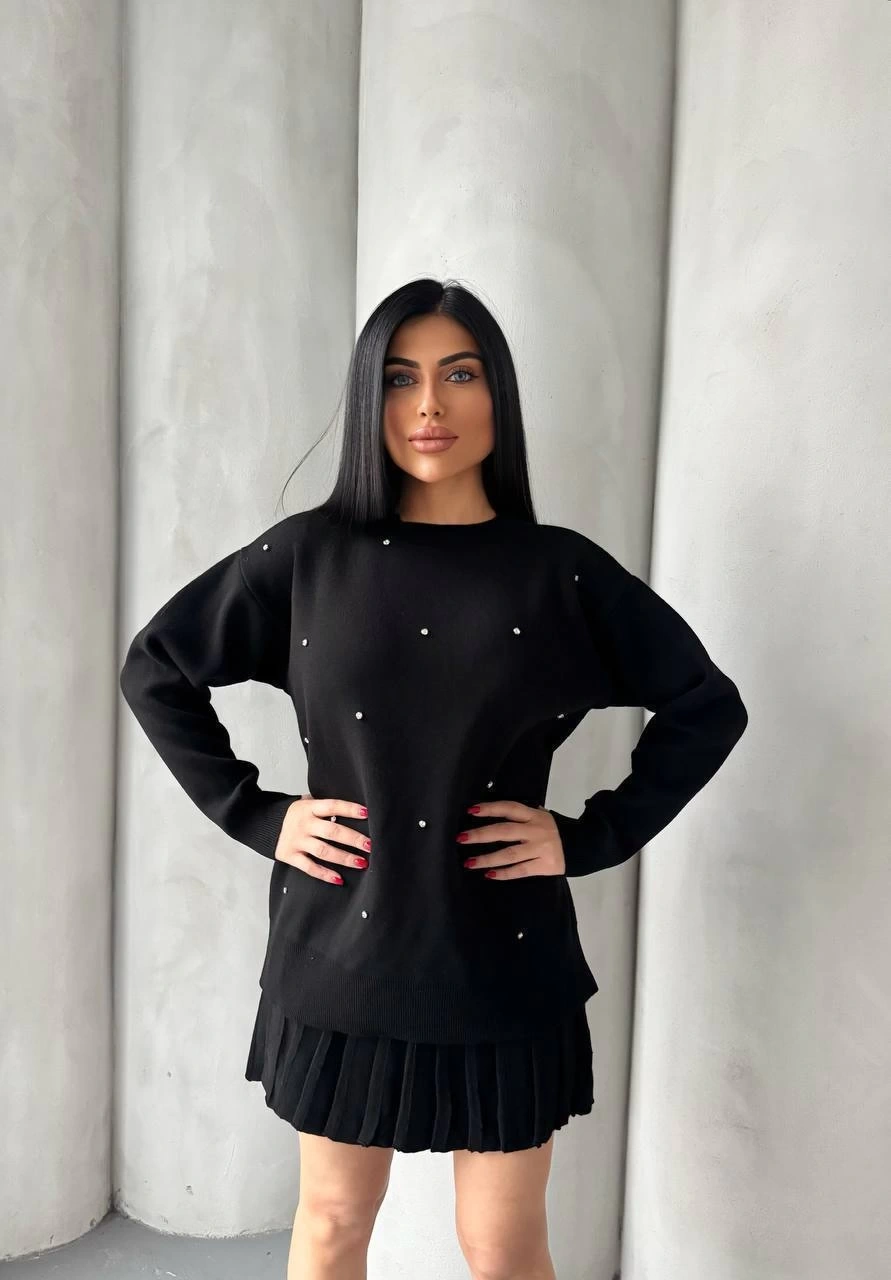 Kadın Siyah İnci Taş İşlemeli Kazak Etek Alt Üst İkili Triko Takım
