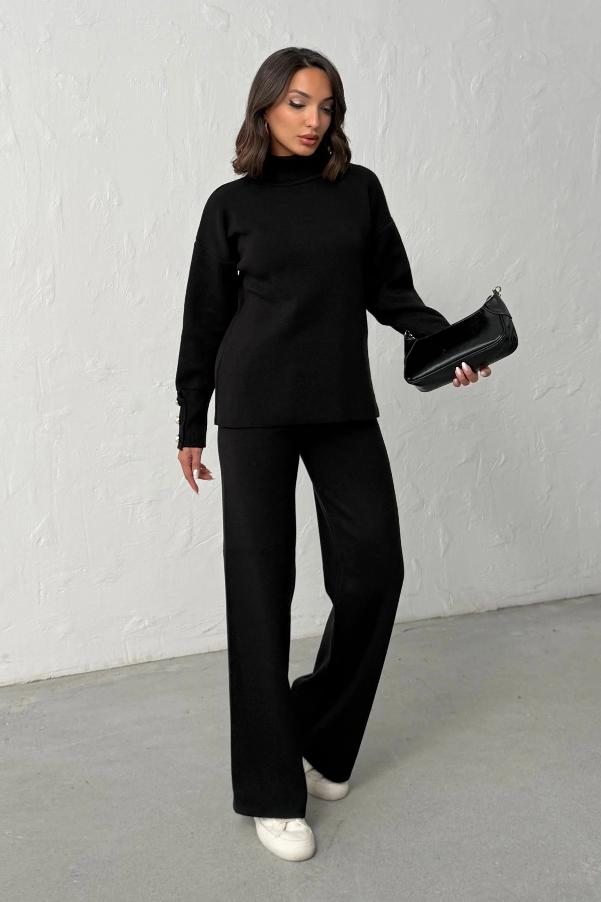 Kadın Siyah Kol Düğme Detaylı Bluz Etek Alt Üst İkili Triko Takım