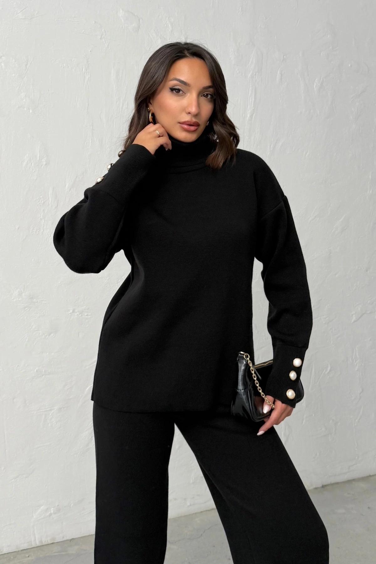 Kadın Siyah Kol Düğme Detaylı Bluz Etek Alt Üst İkili Triko Takım