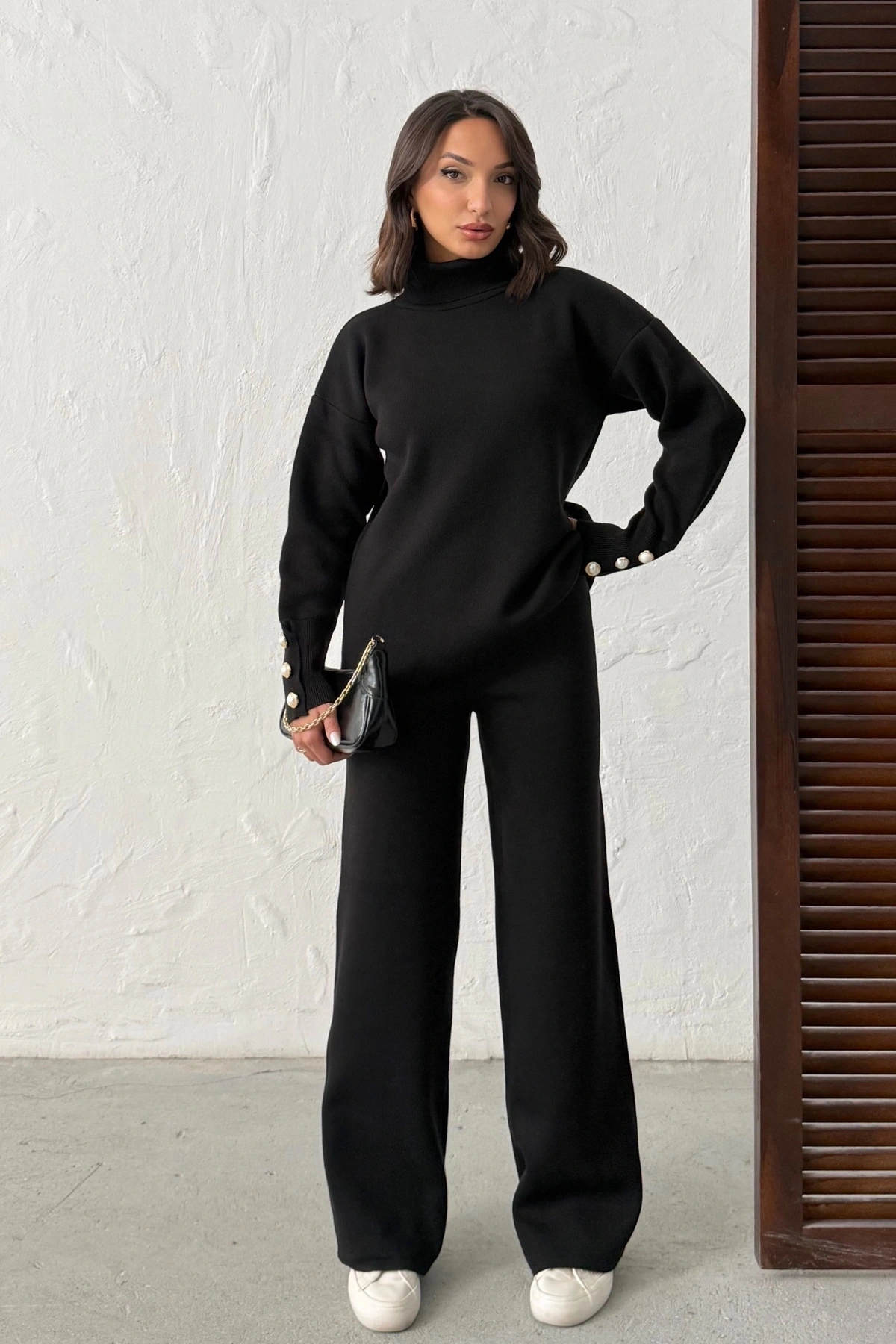 Kadın Siyah Kol Düğme Detaylı Bluz Etek Alt Üst İkili Triko Takım