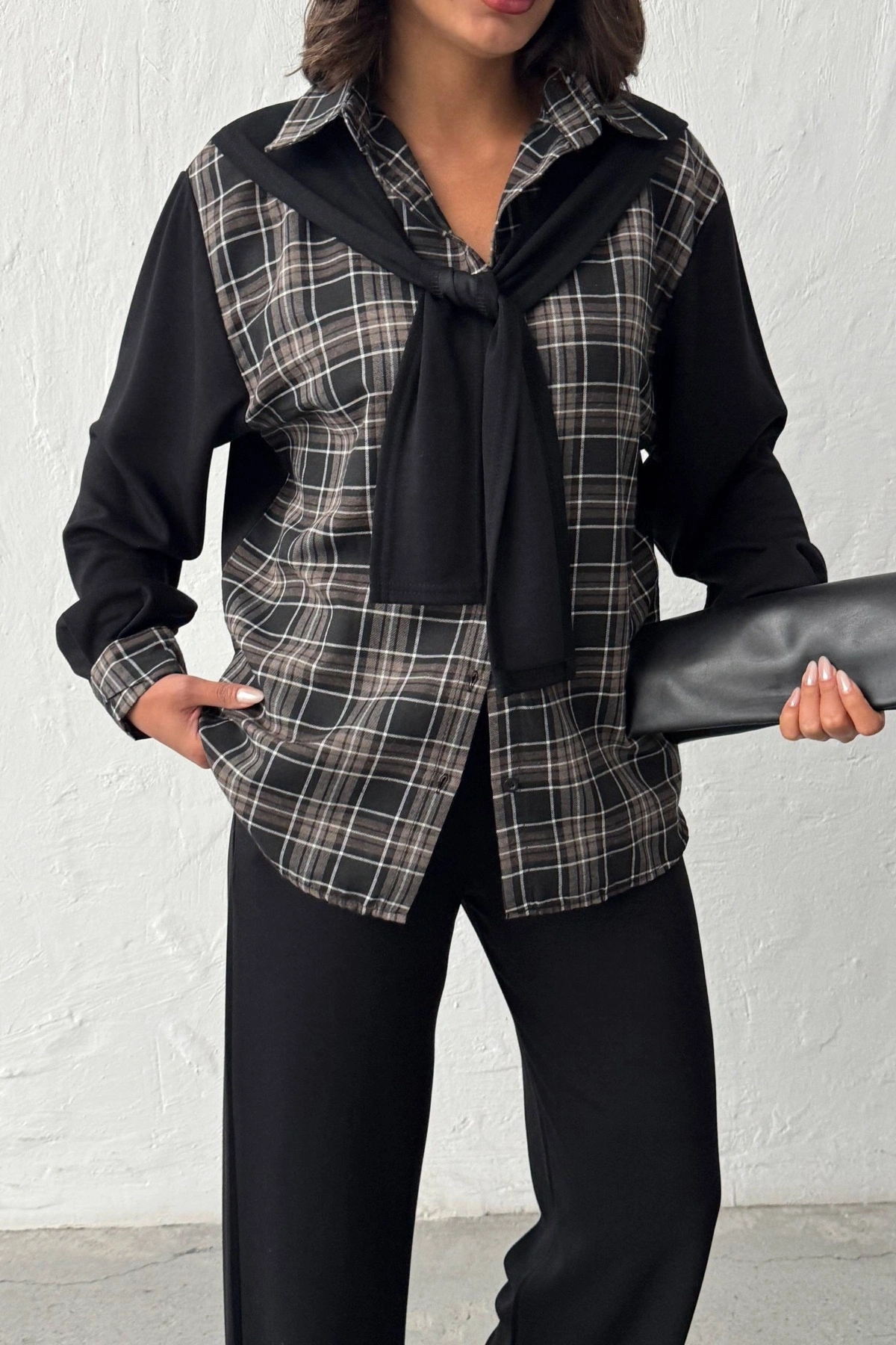 Kadın Siyah Omuzdan Bağlamalı Ekose Gömlek ve Pantolon 2li Takım