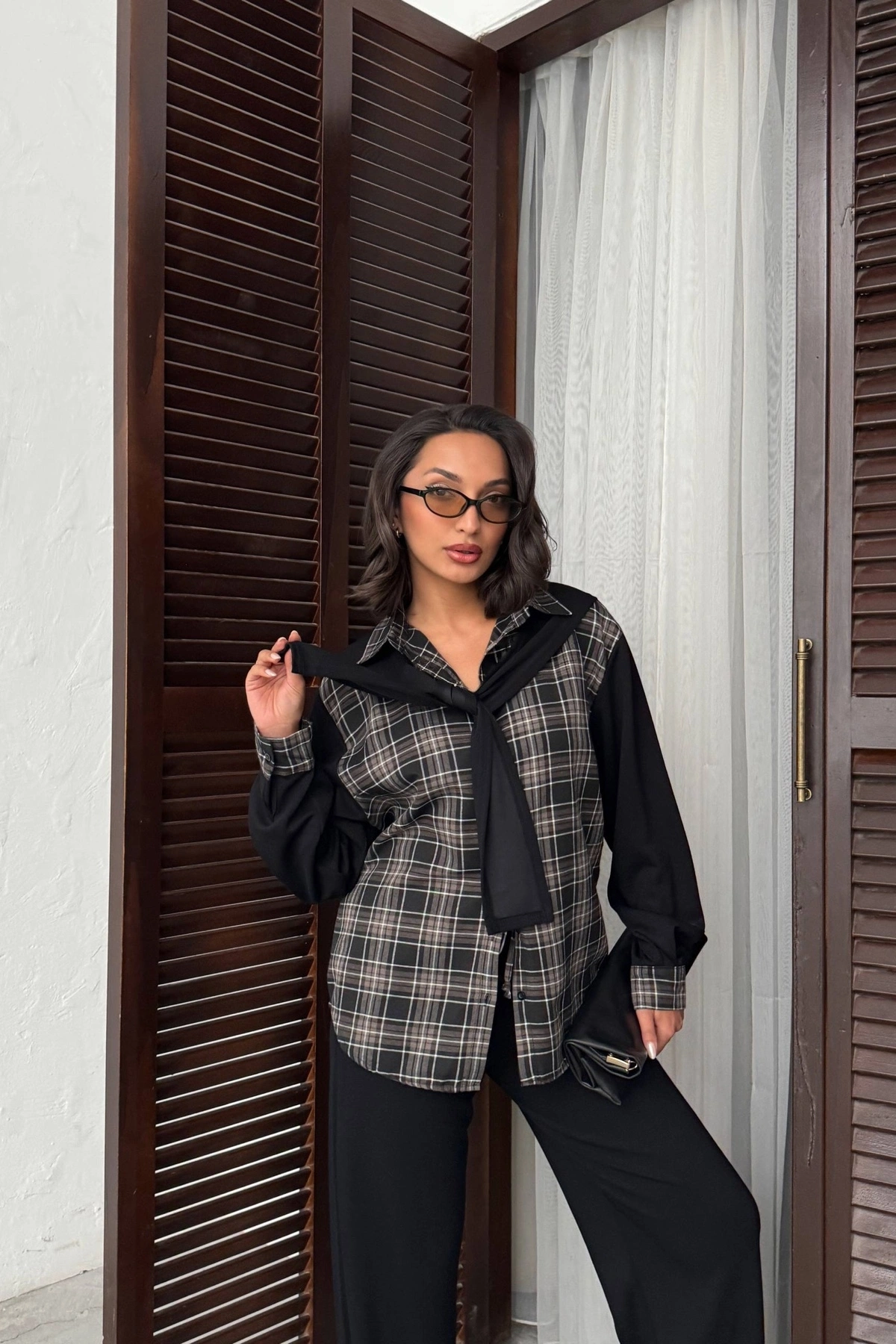 Kadın Siyah Omuzdan Bağlamalı Ekose Gömlek ve Pantolon 2li Takım