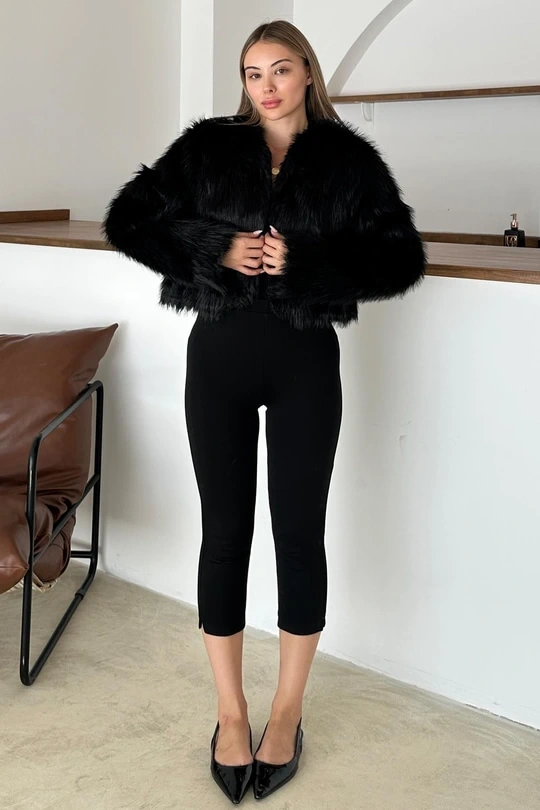 Kadın Siyah Premium Kalite Astarlı Kısa Kürk Ceket