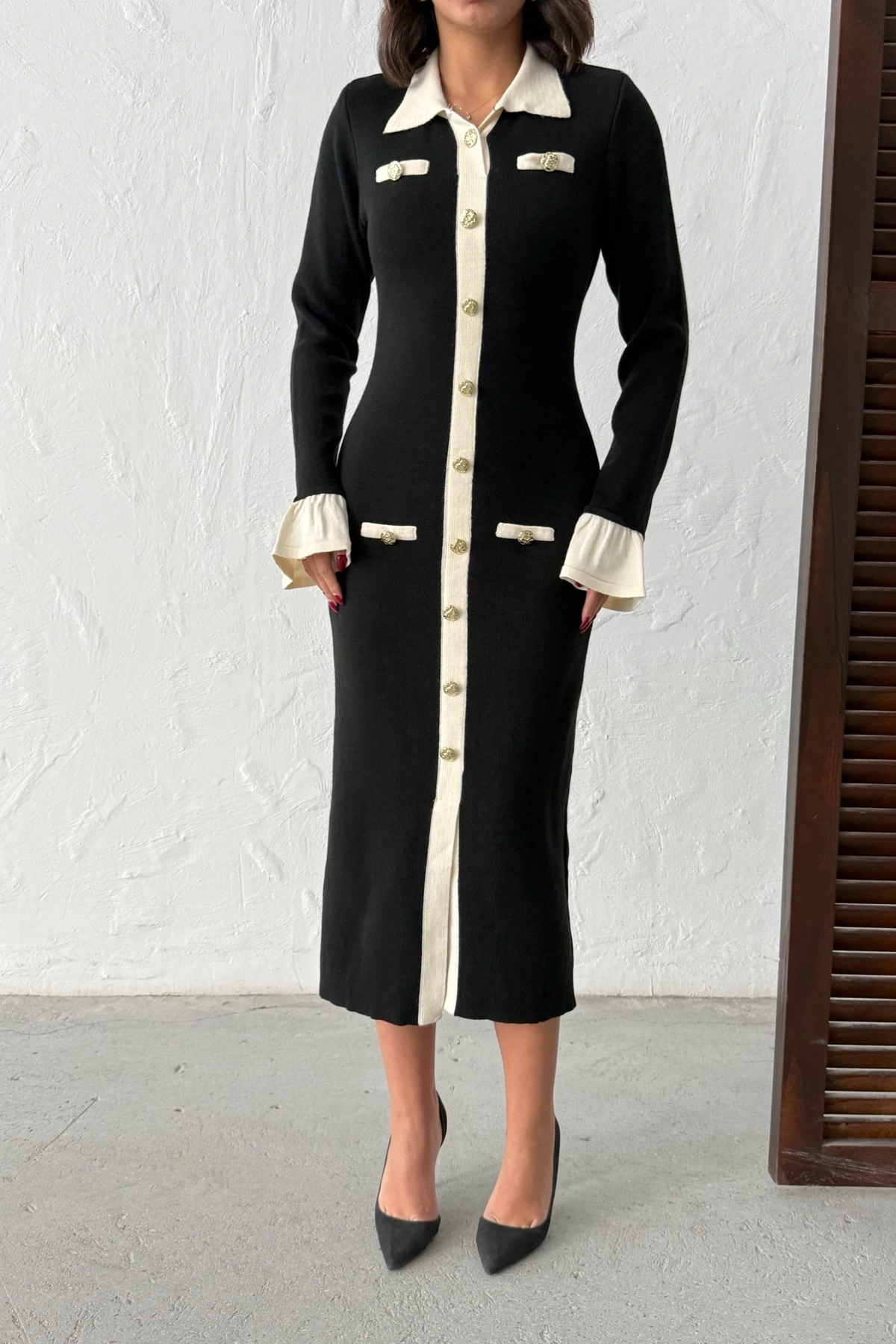 Kadın Siyah Şık Düğme Ve Kol Detaylı Triko Elbise