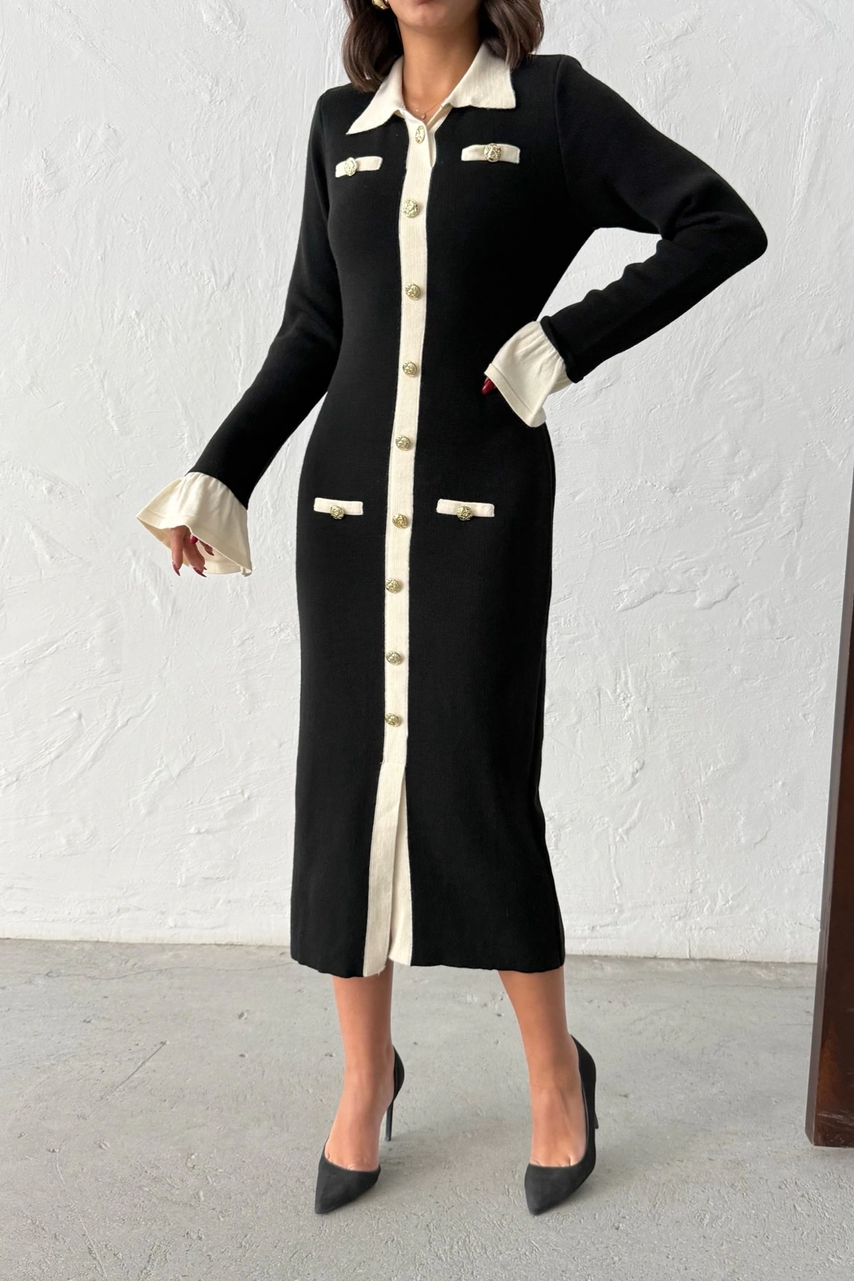 Kadın Siyah Şık Düğme Ve Kol Detaylı Triko Elbise