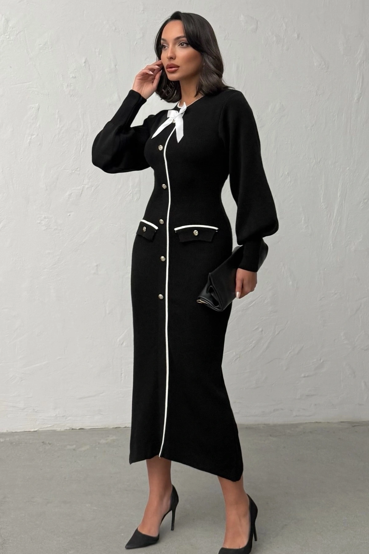 Kadın Siyah Şık Fiyonk Detaylı Balon Kol Zarif Triko Elbise