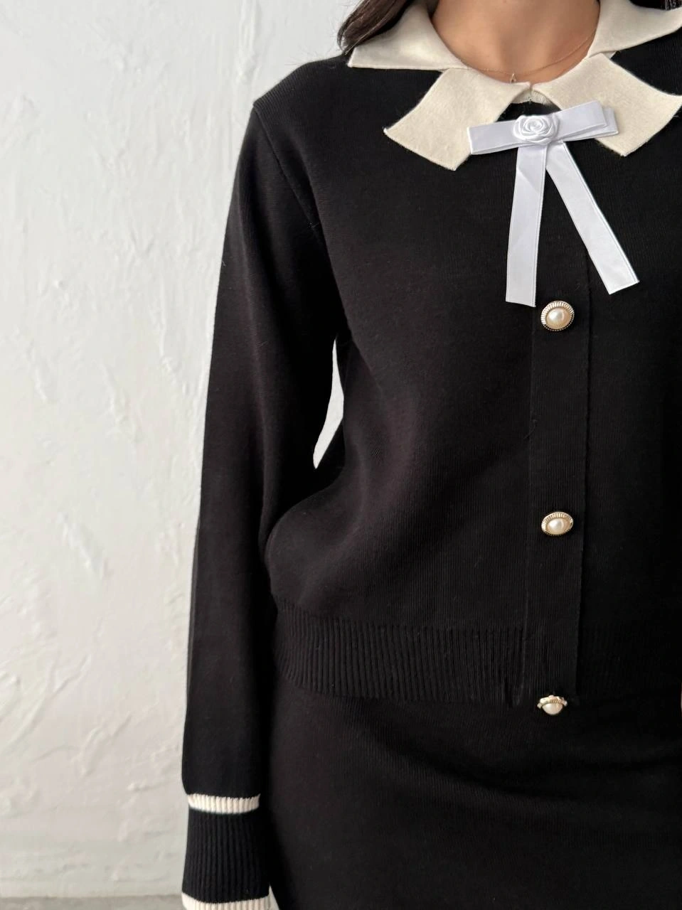 Kadın Siyah Şık Gül Fiyonk Detaylı Bluz Etek Alt Üst İkili Triko Takım