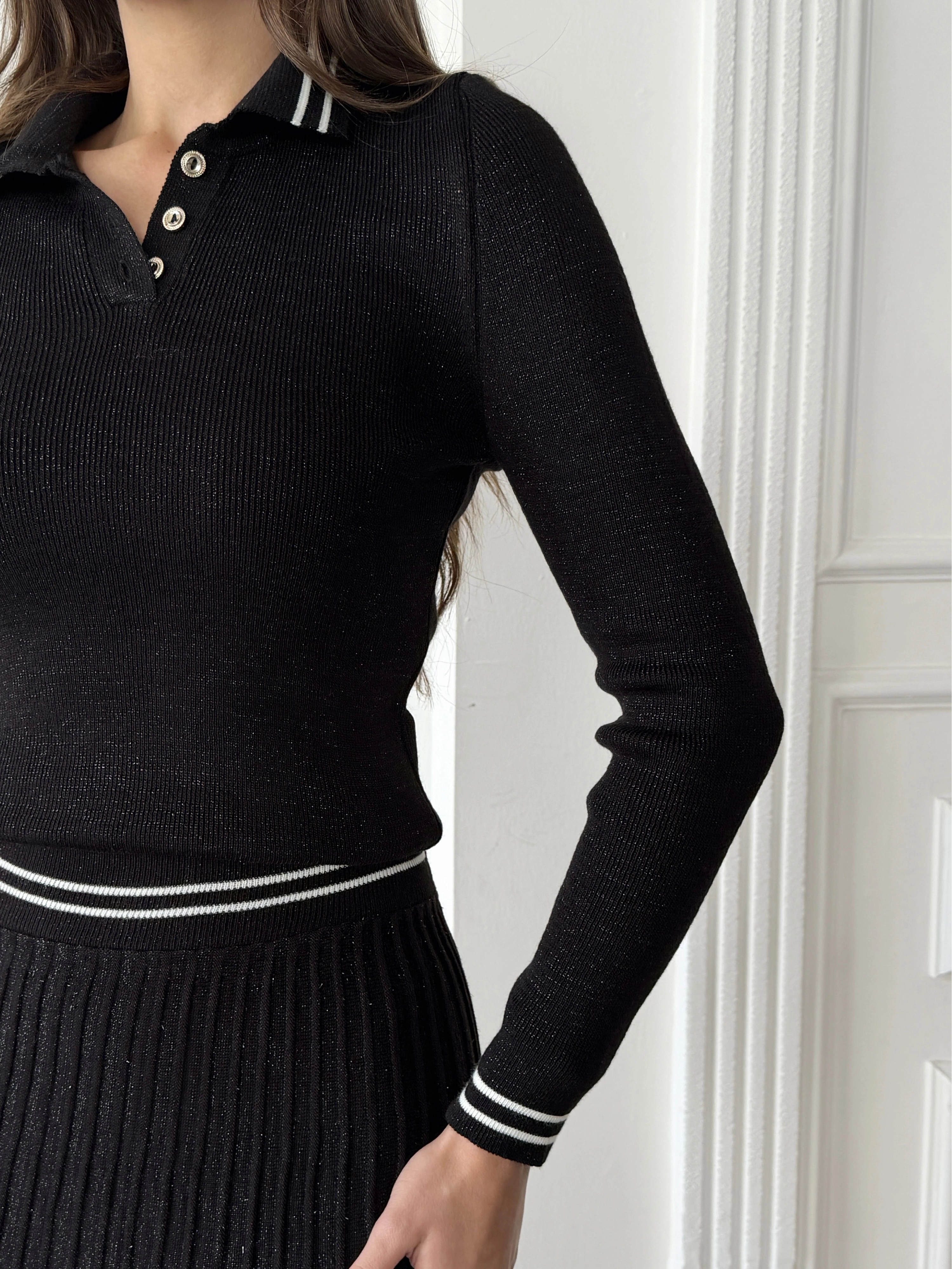 Kadın Siyah Simli Şık Şeritli Bluz Etek Alt Üst İkili Premium Triko Takım