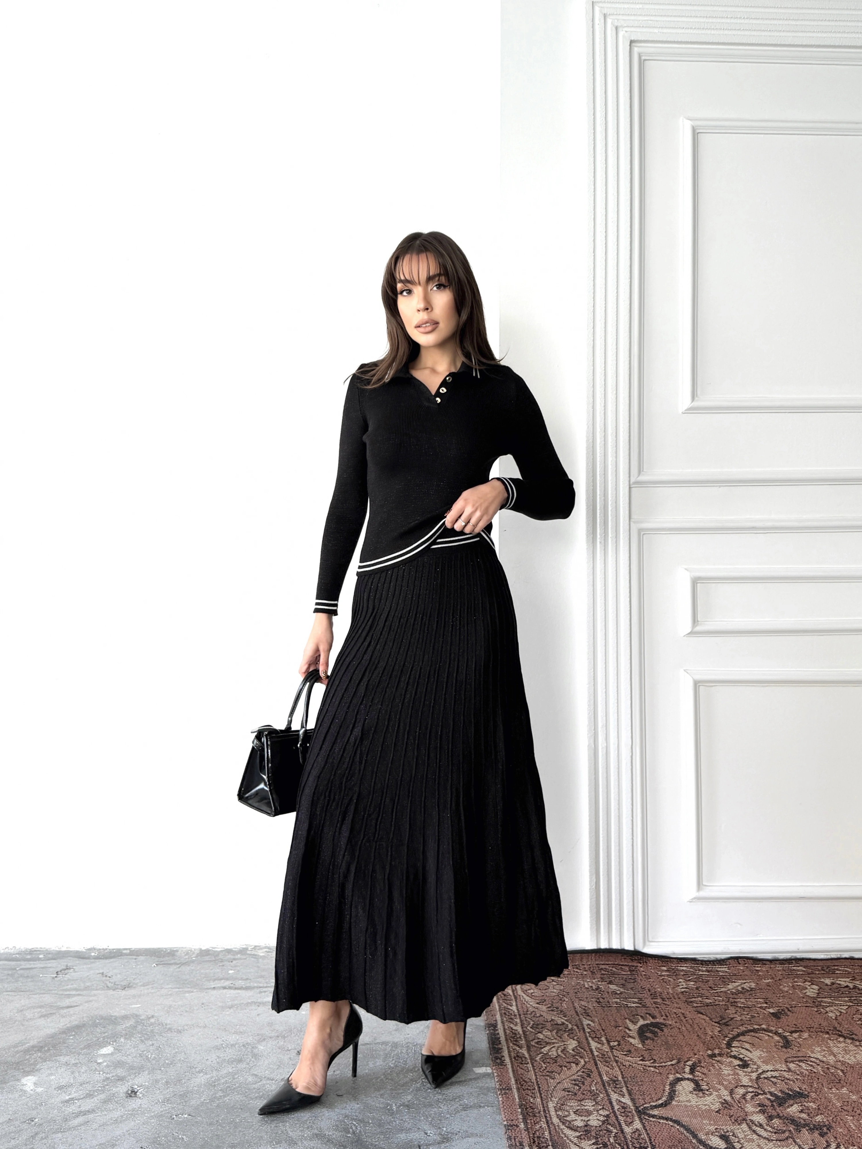 Kadın Siyah Simli Şık Şeritli Bluz Etek Alt Üst İkili Premium Triko Takım