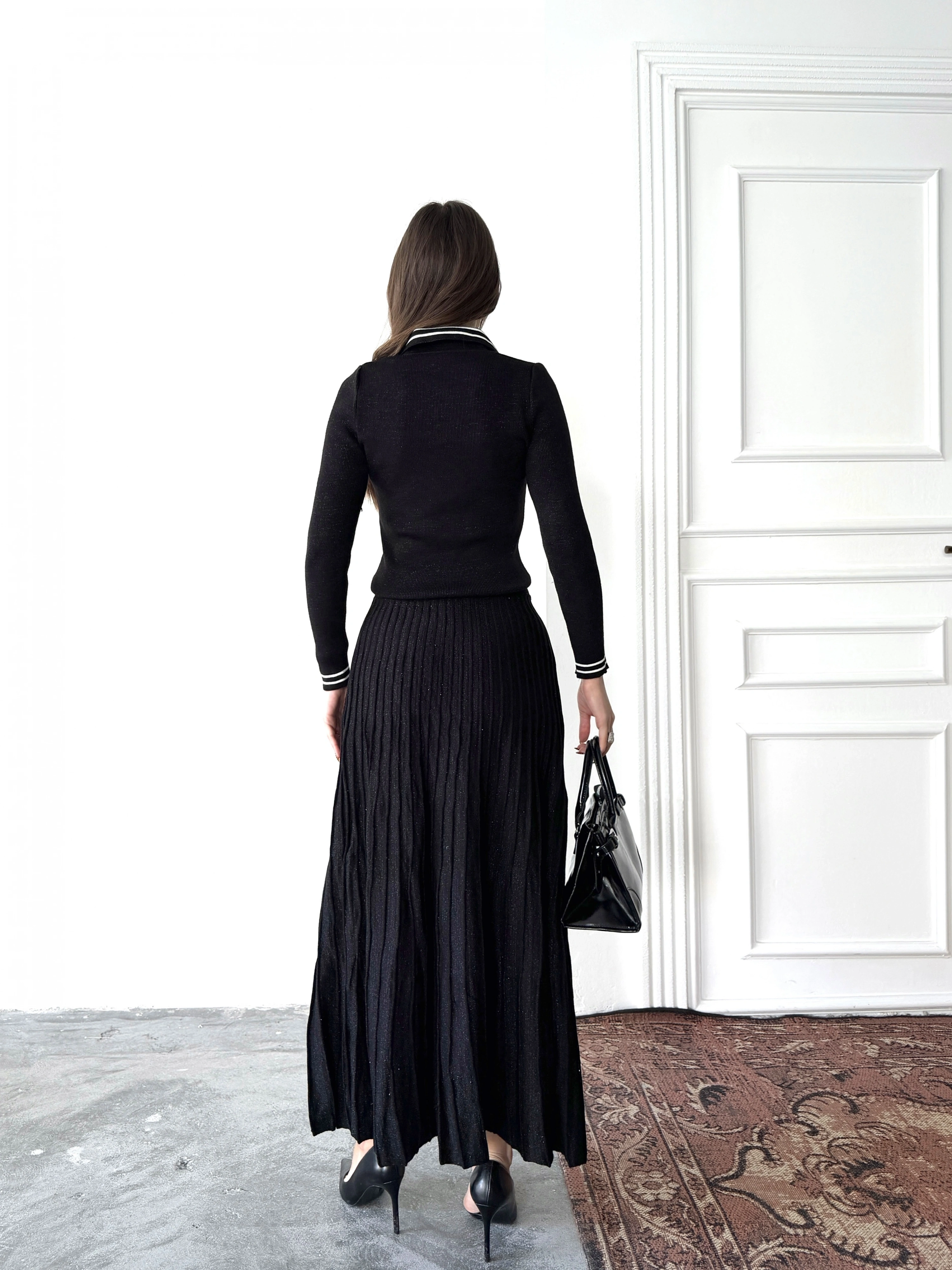 Kadın Siyah Simli Şık Şeritli Bluz Etek Alt Üst İkili Premium Triko Takım