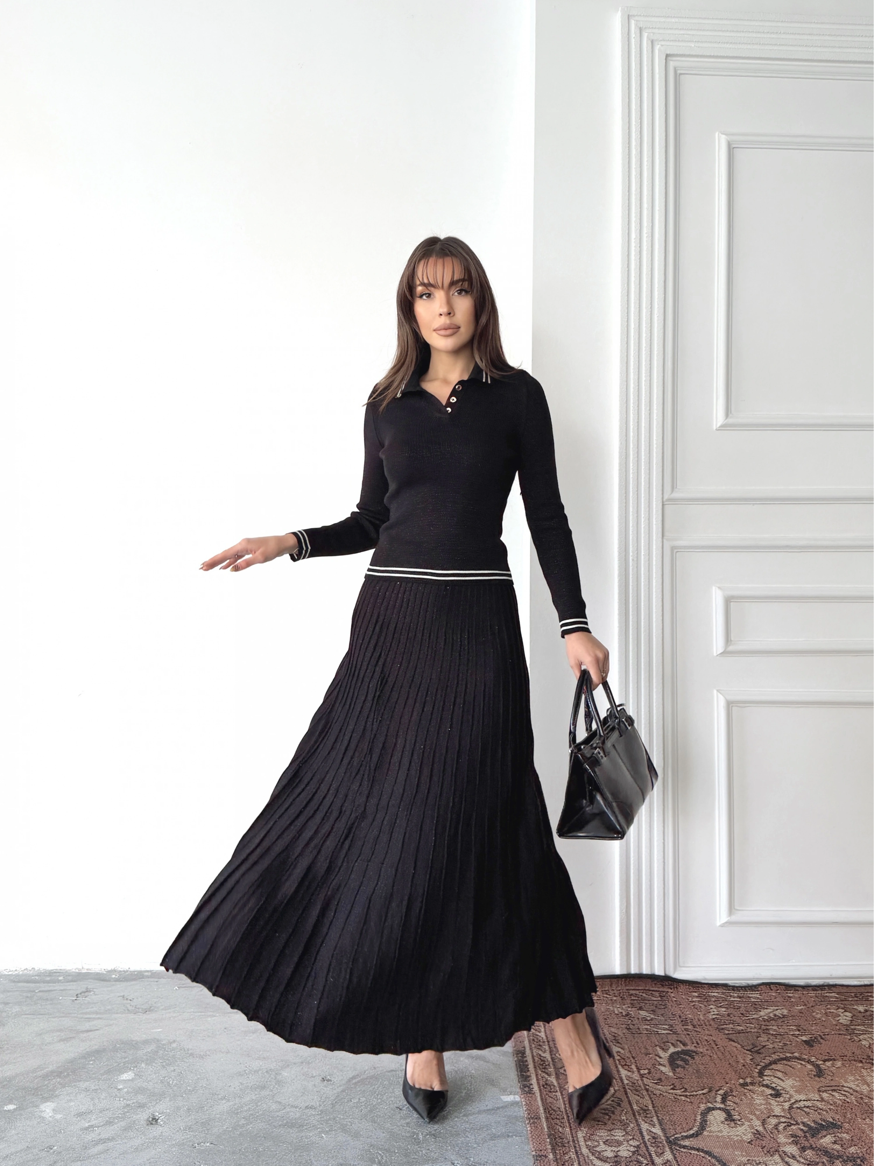 Kadın Siyah Simli Şık Şeritli Bluz Etek Alt Üst İkili Premium Triko Takım