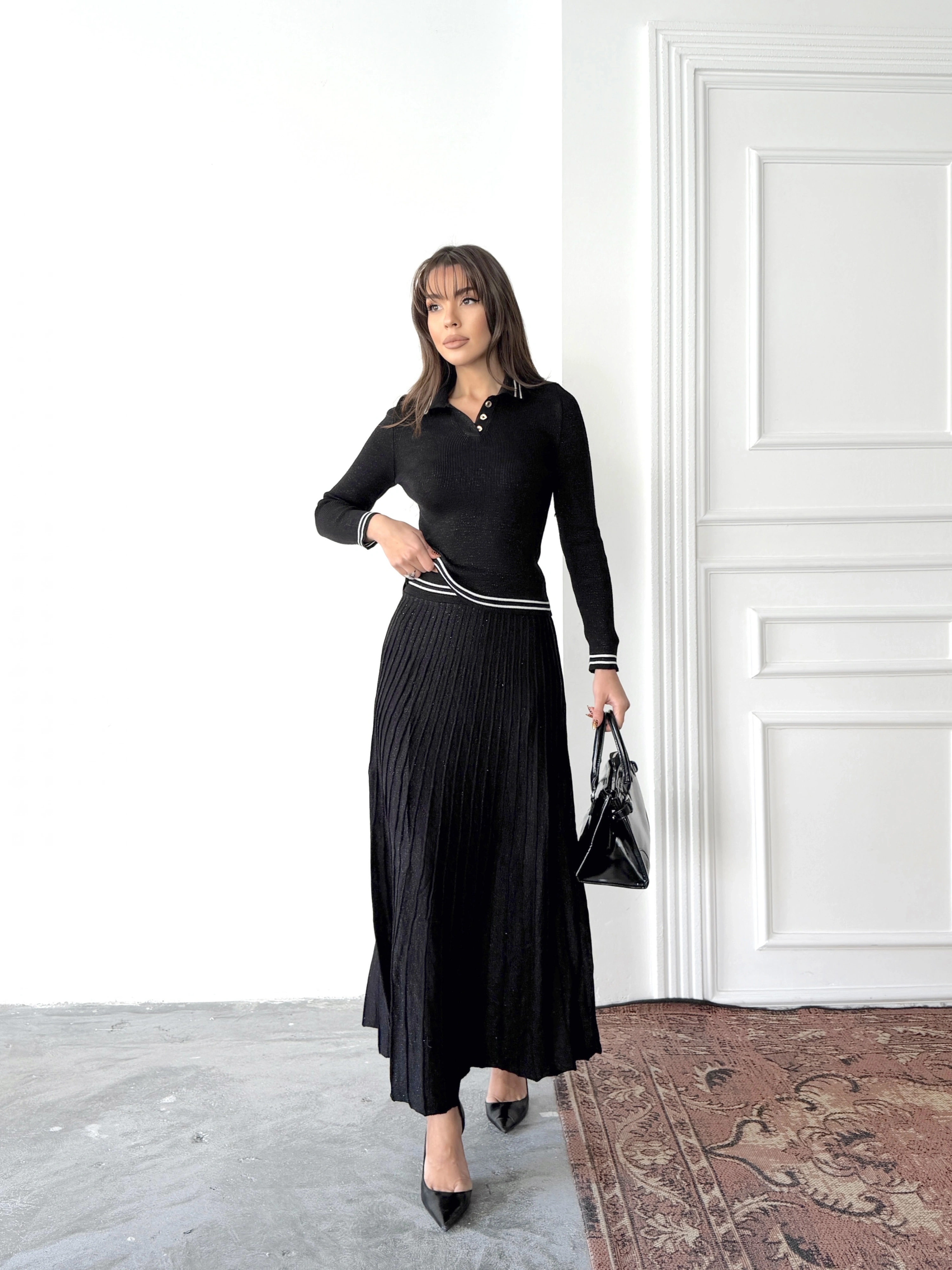 Kadın Siyah Simli Şık Şeritli Bluz Etek Alt Üst İkili Premium Triko Takım