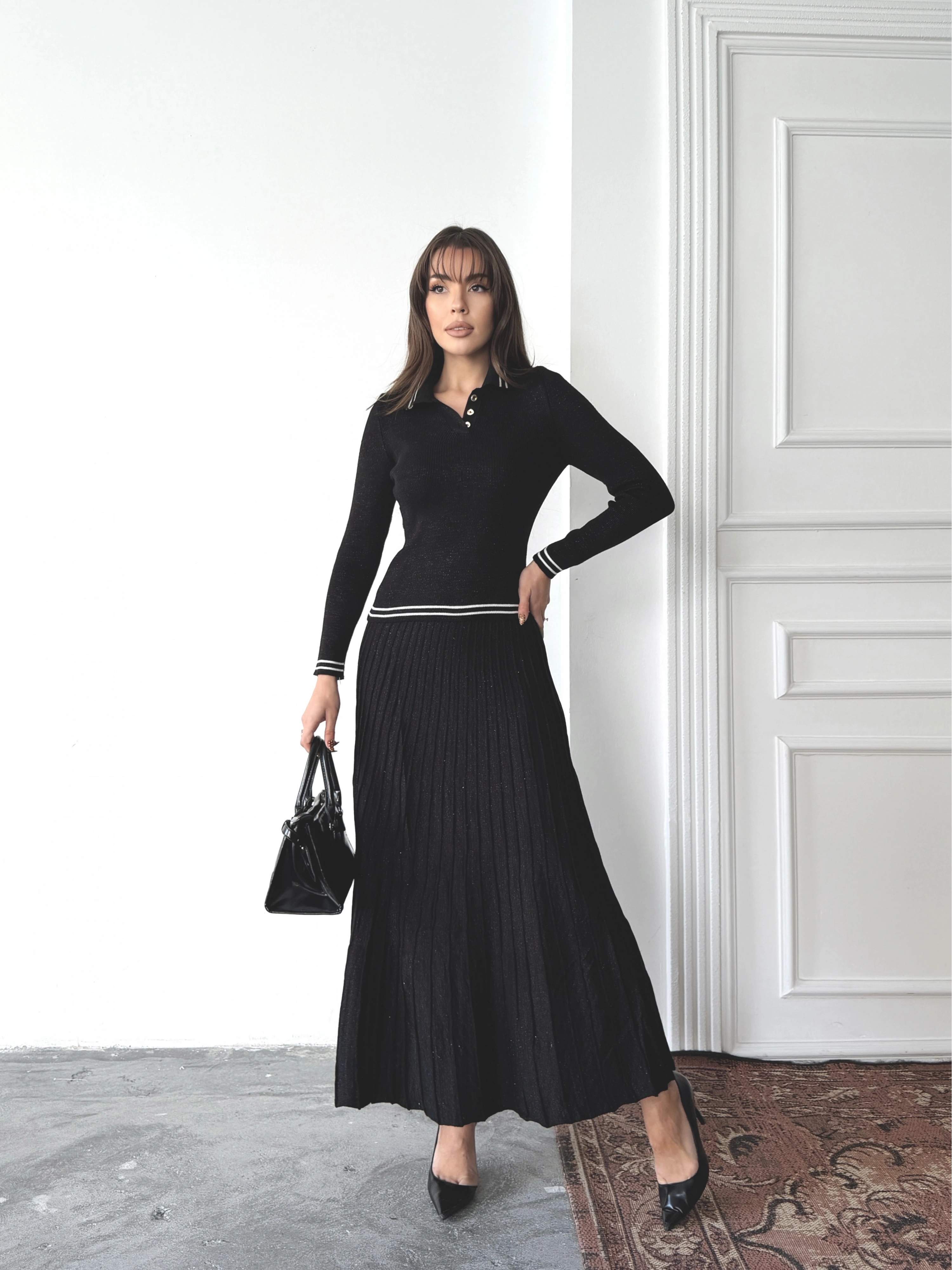 Kadın Siyah Simli Şık Şeritli Bluz Etek Alt Üst İkili Premium Triko Takım