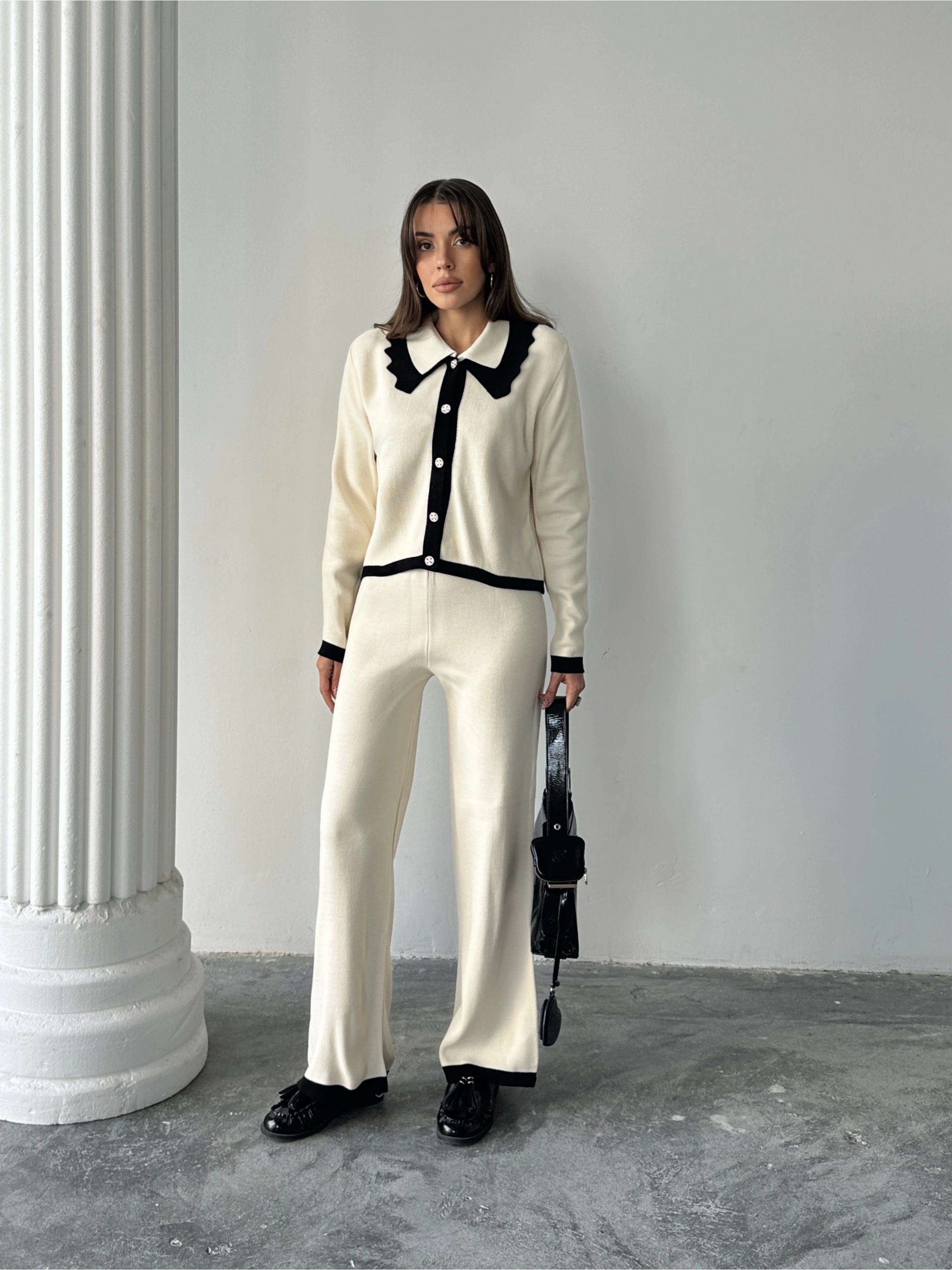 Kadın Yaka Detaylı Alt Üst Şık Triko Takım - Ekru