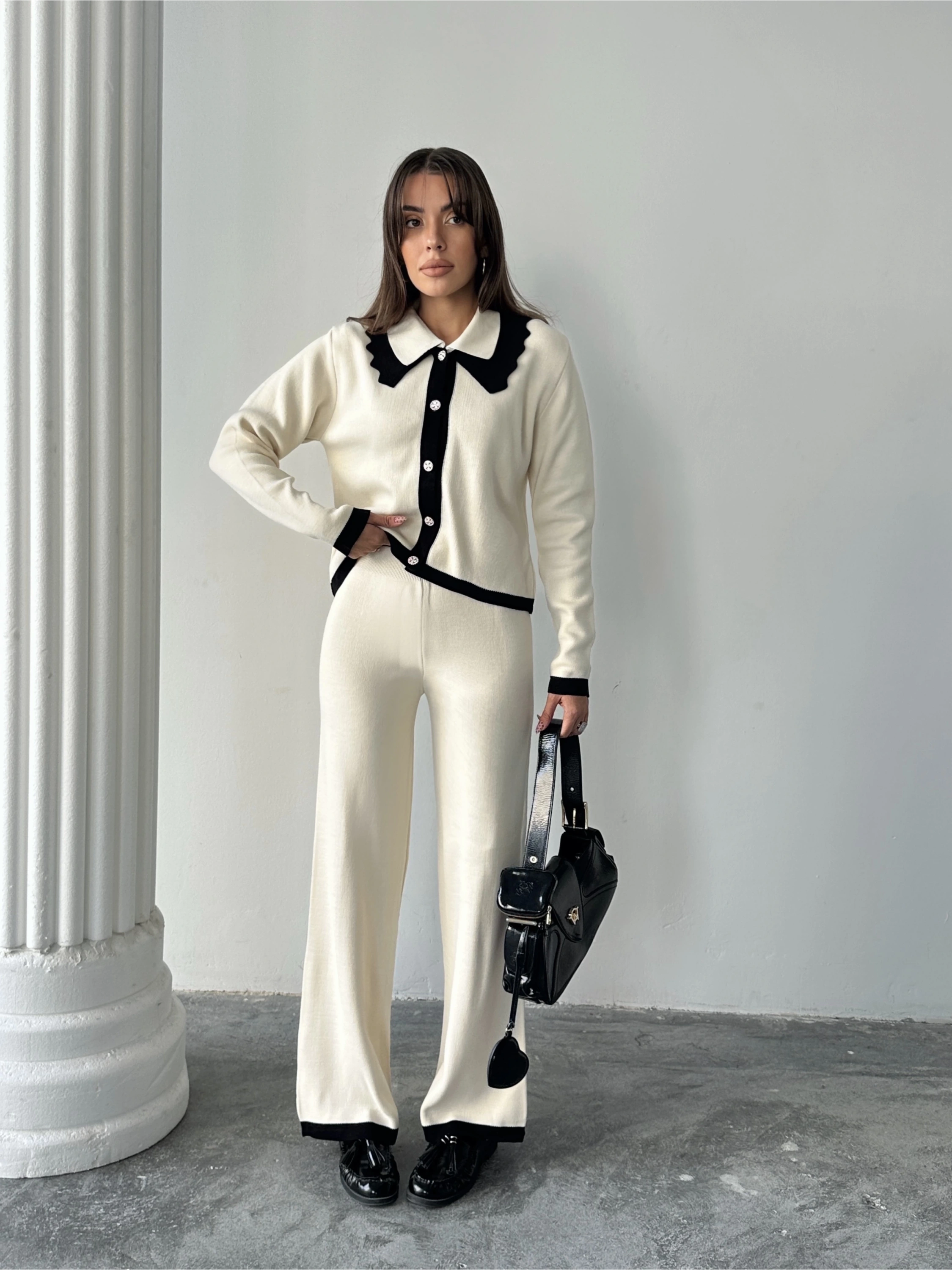 Kadın Yaka Detaylı Alt Üst Şık Triko Takım - Ekru