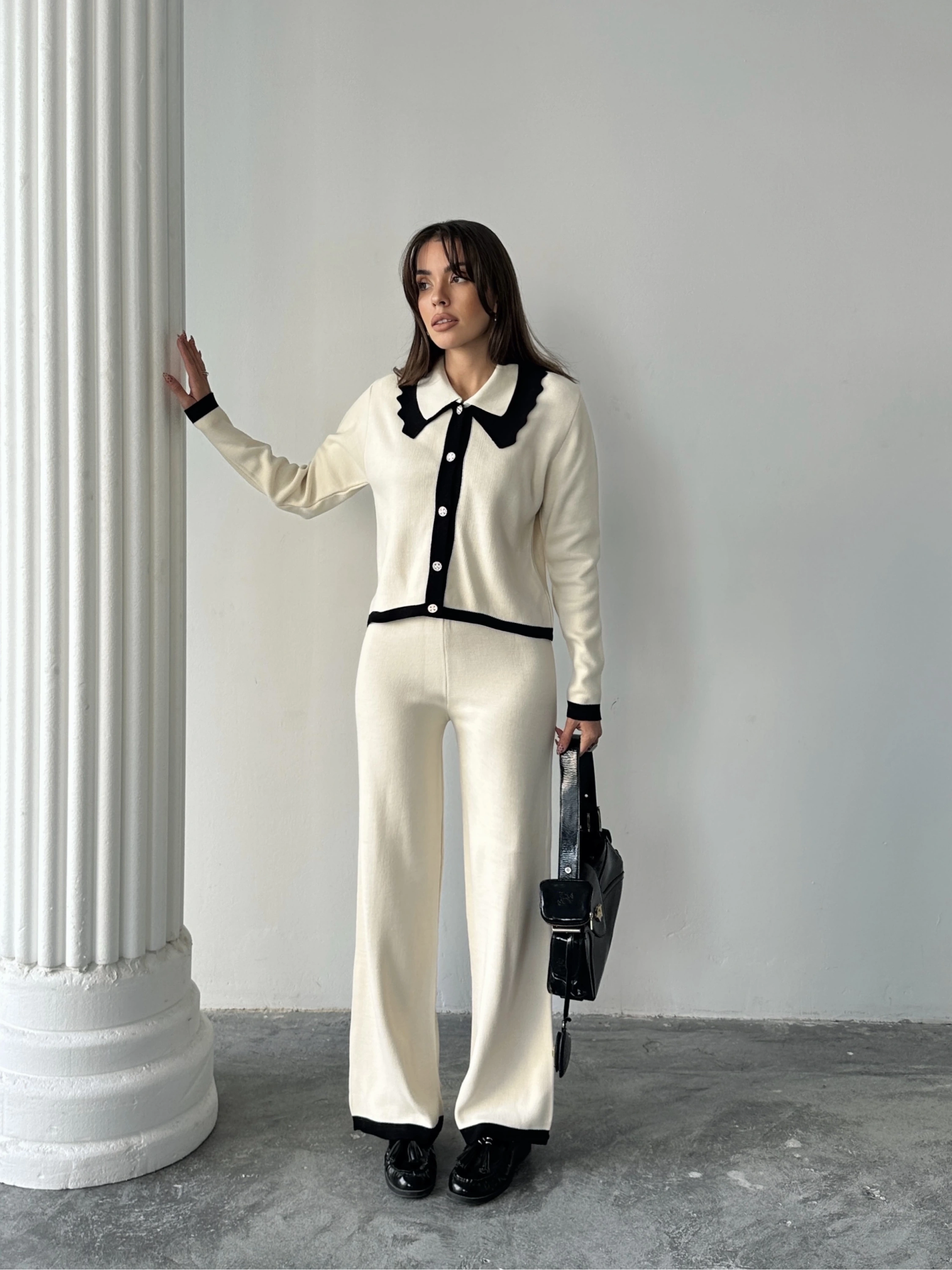 Kadın Yaka Detaylı Alt Üst Şık Triko Takım - Ekru