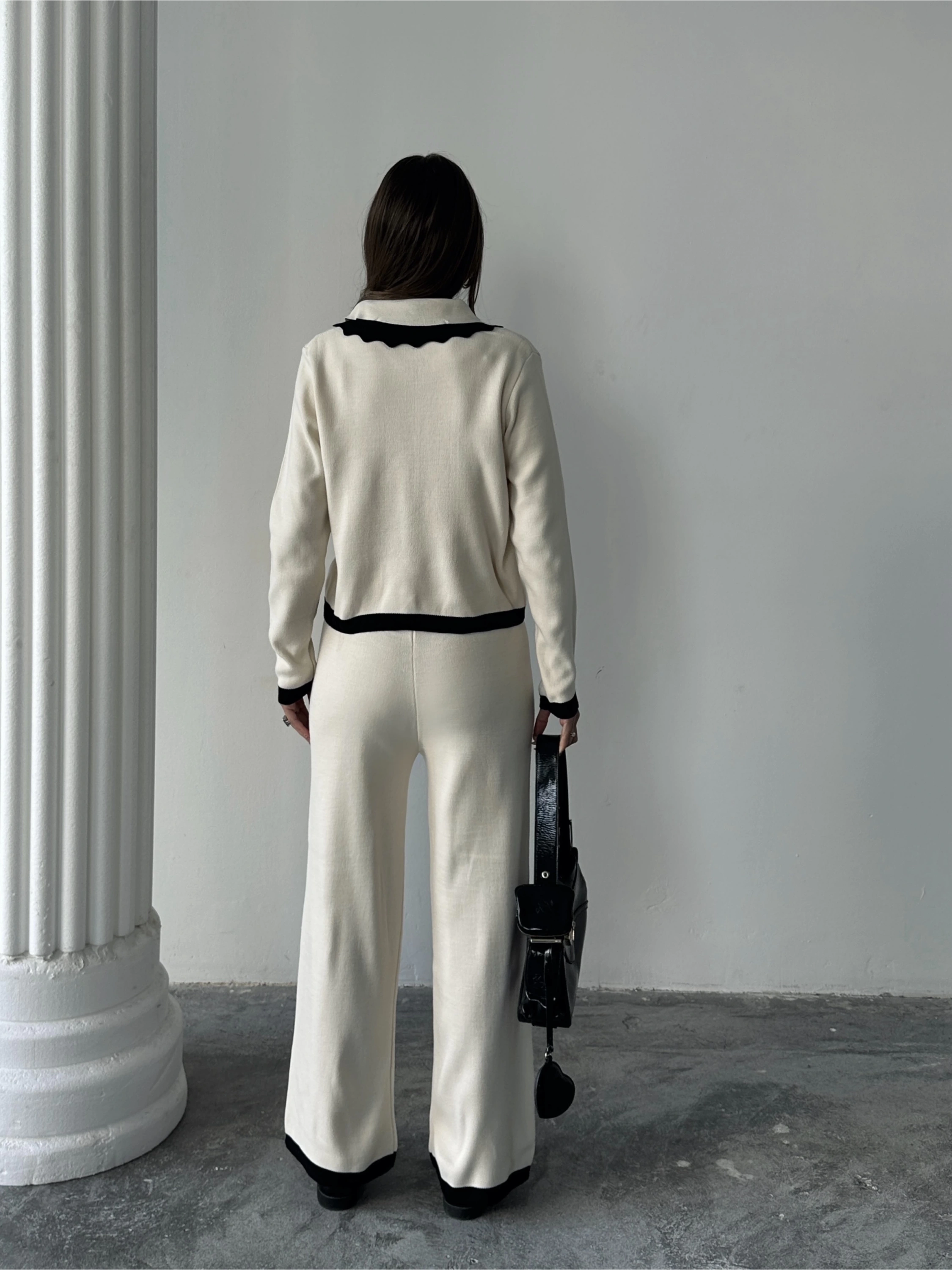 Kadın Yaka Detaylı Alt Üst Şık Triko Takım - Ekru