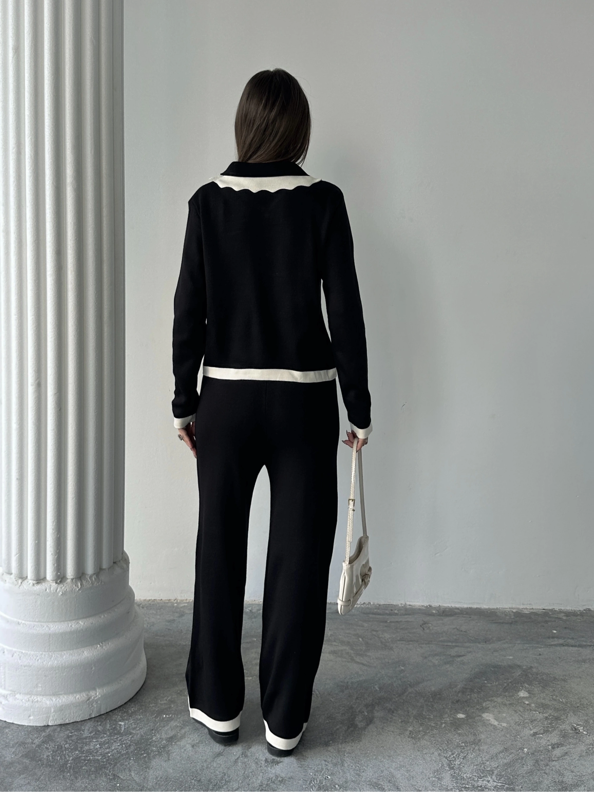 Kadın Yaka Detaylı Alt Üst Şık Triko Takım - Siyah