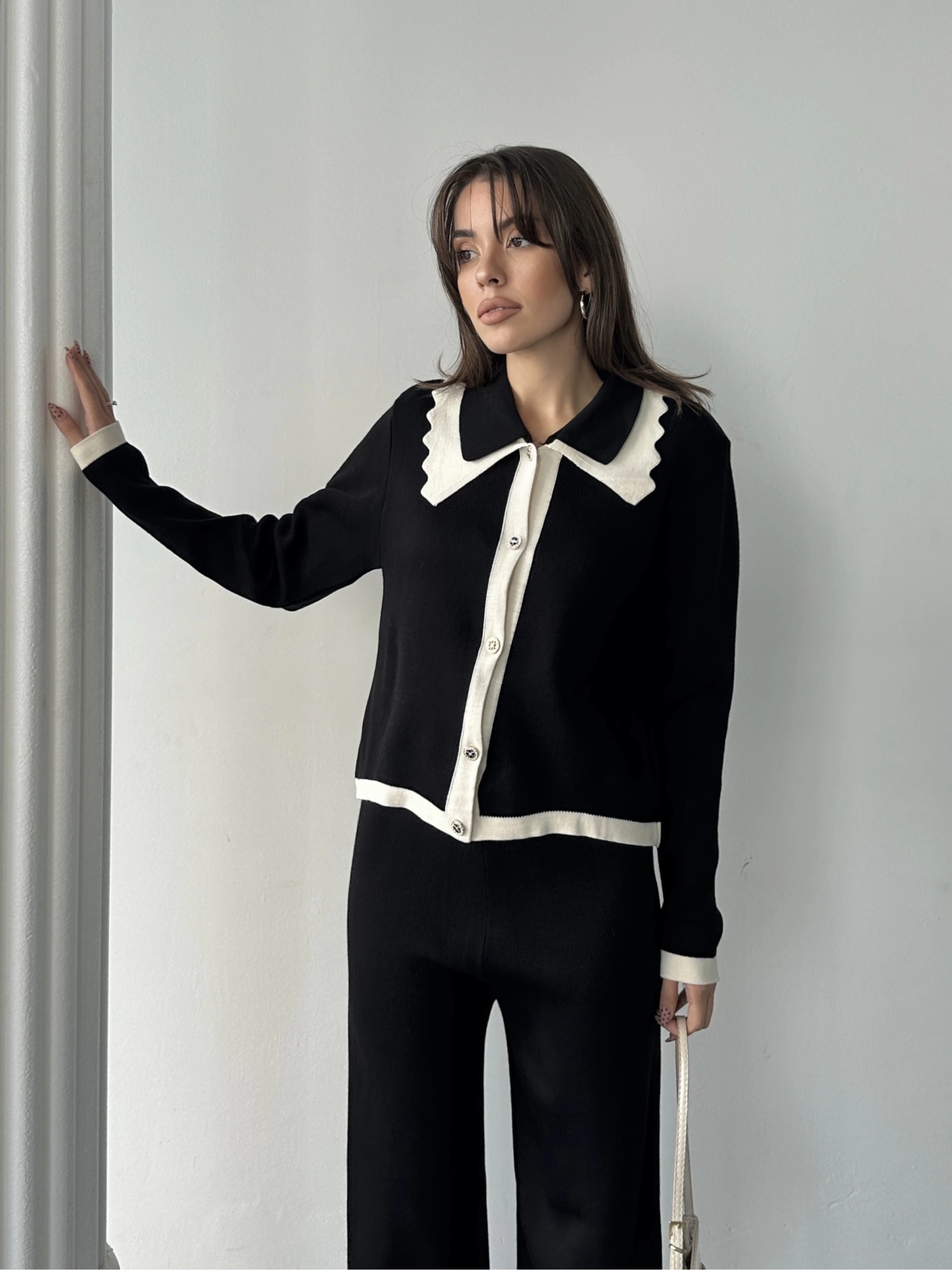 Kadın Yaka Detaylı Alt Üst Şık Triko Takım - Siyah