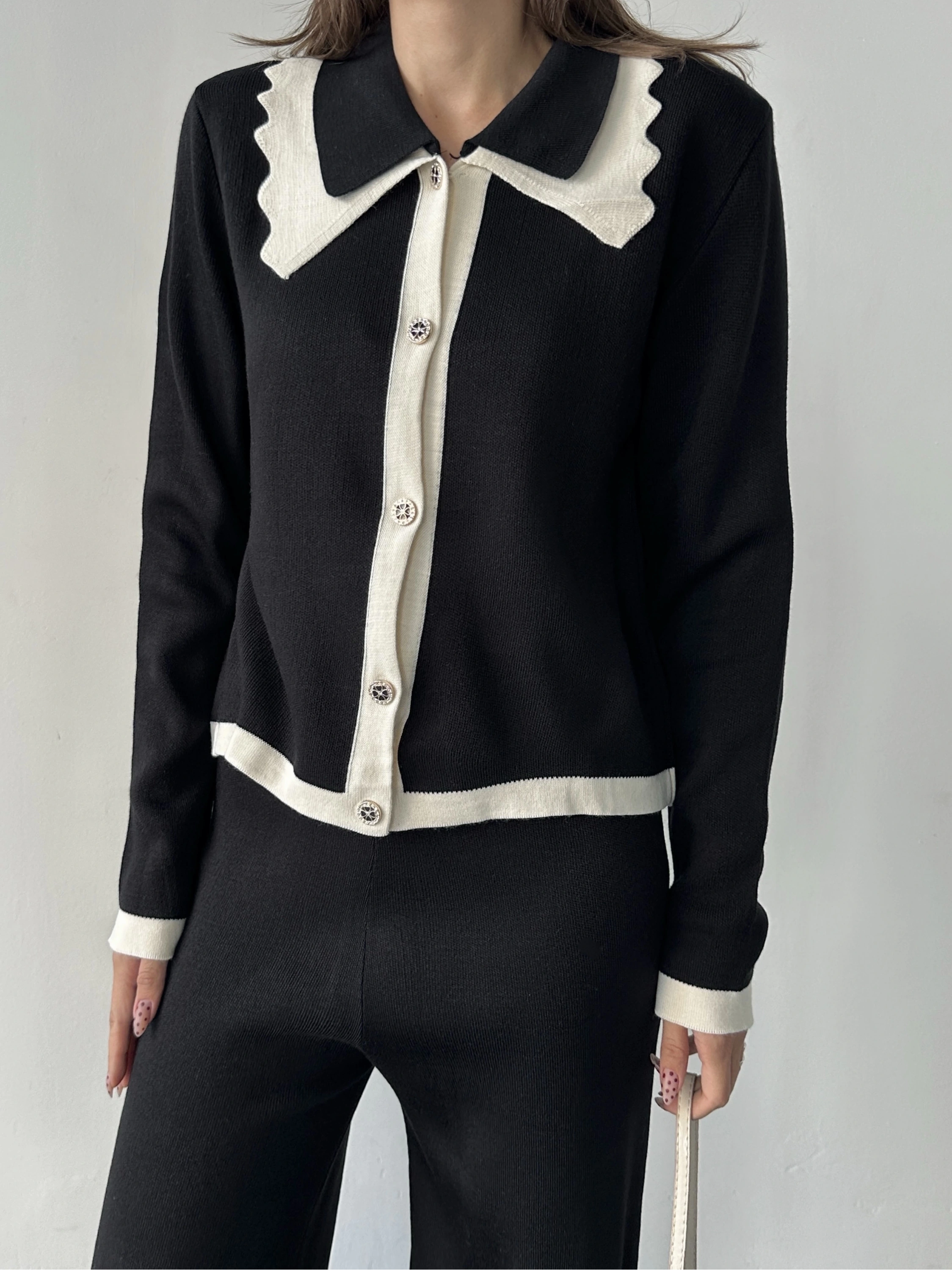 Kadın Yaka Detaylı Alt Üst Şık Triko Takım - Siyah