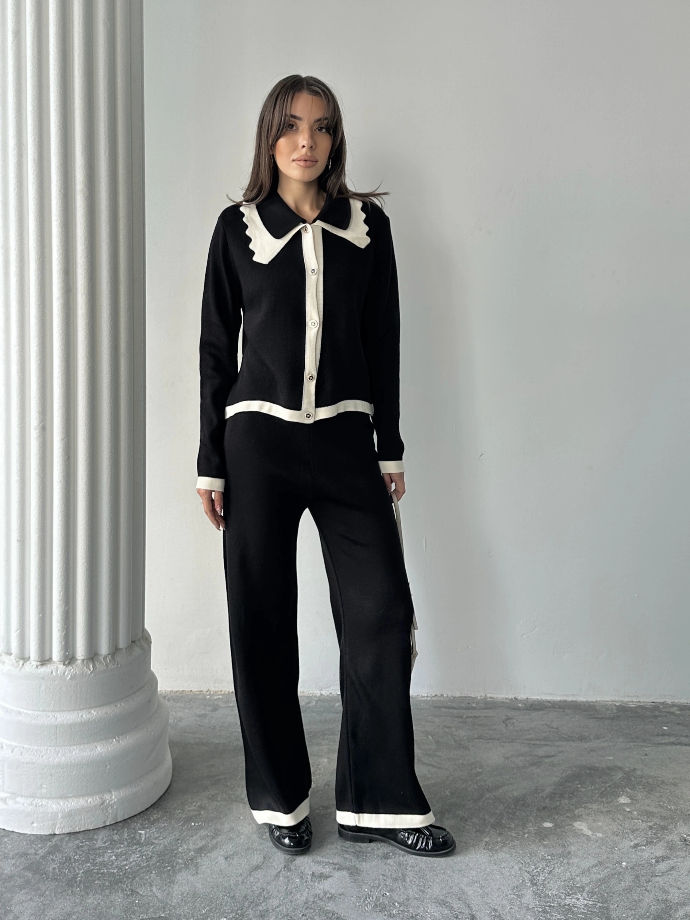 Kadın Yaka Detaylı Alt Üst Şık Triko Takım - Siyah