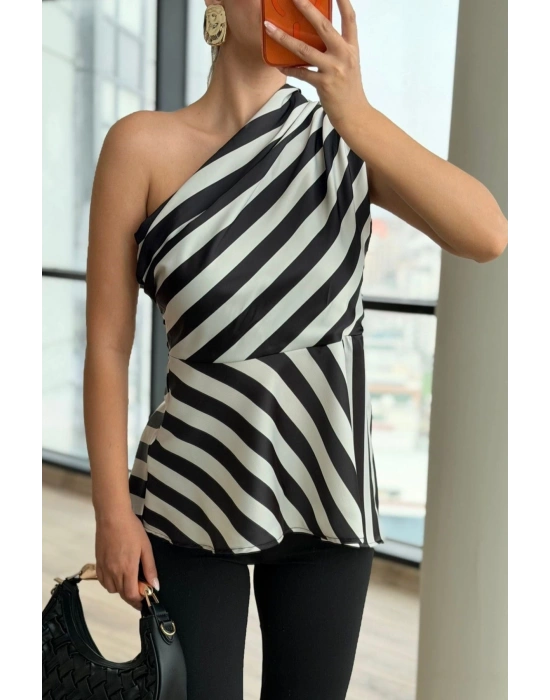 Kadın Astarlı Tek Omuz Detaylı Siyah Çizgili Saten Bluz