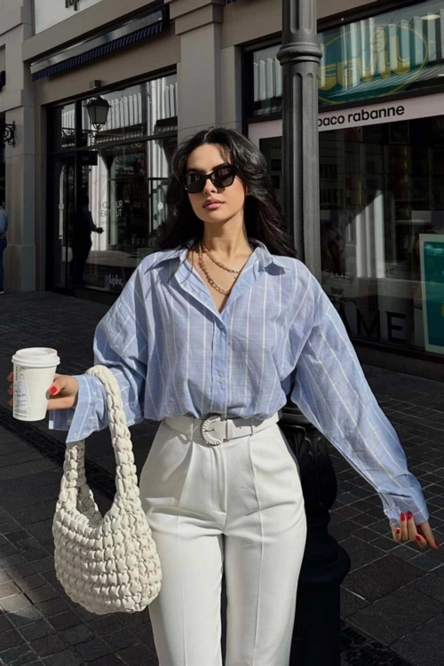Kadın Premium Kalite Çizgili Uzun Kol Oversize Gömlek - Mavi