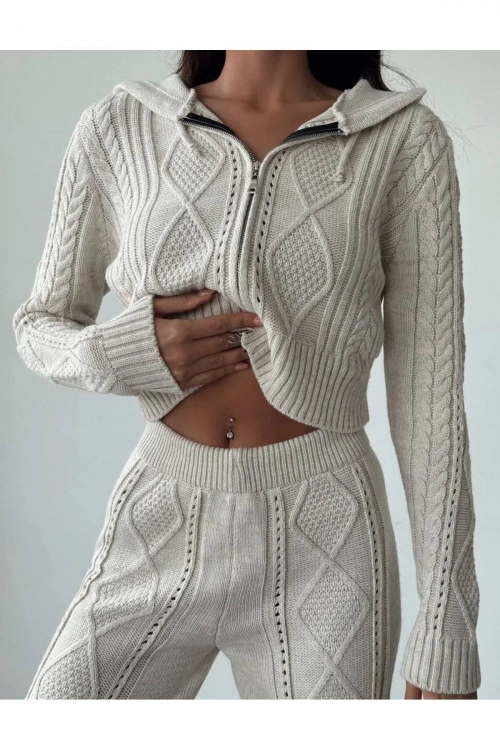 Kadın Kapşonlu Fermuarlı Crop Hırka Pantolon Alt Üst Triko Takım - Taş S/m