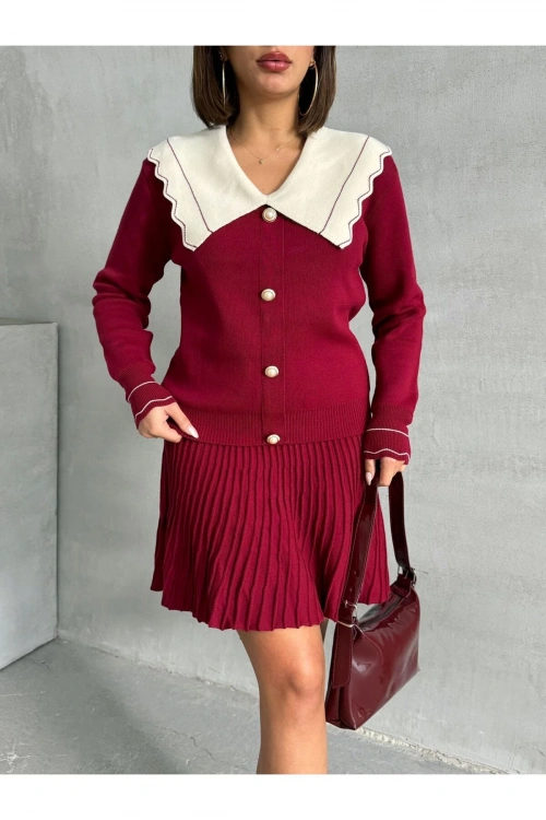 Kadın Bordo Şık Yaka Detaylı Hırka Bluz Etek Alt Üst İkili Takım