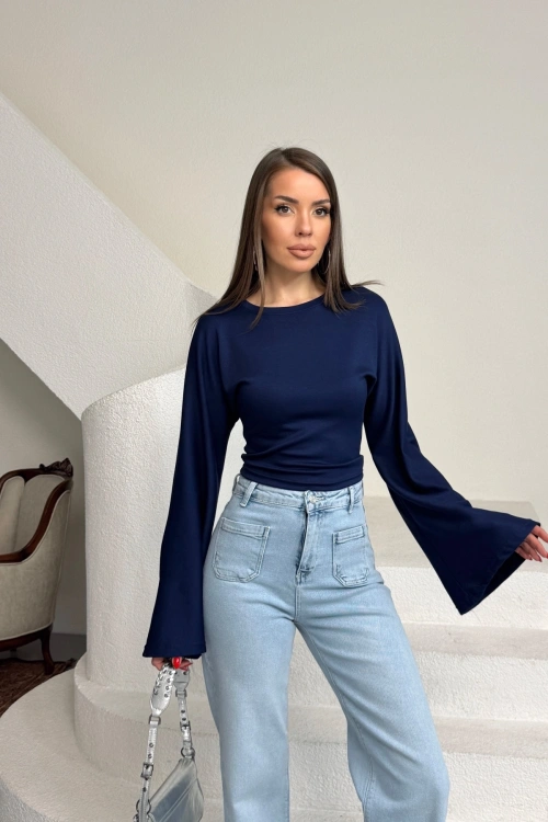 Kadın Lacivert Bisiklet Yaka Uzun İspanyol Kol Yumuşacık Body Bluz