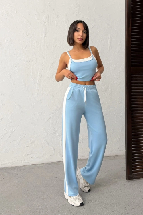 Kadın Açık Mavi Crop Atletli Yüksek Bel Beli Lastikli Geniş Paça Pantolon Alt Üst Yazlık Eşofman Takım