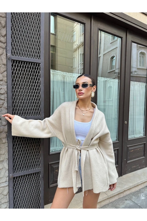 Kadın Bej Kemerli Triko Kimono Hırka