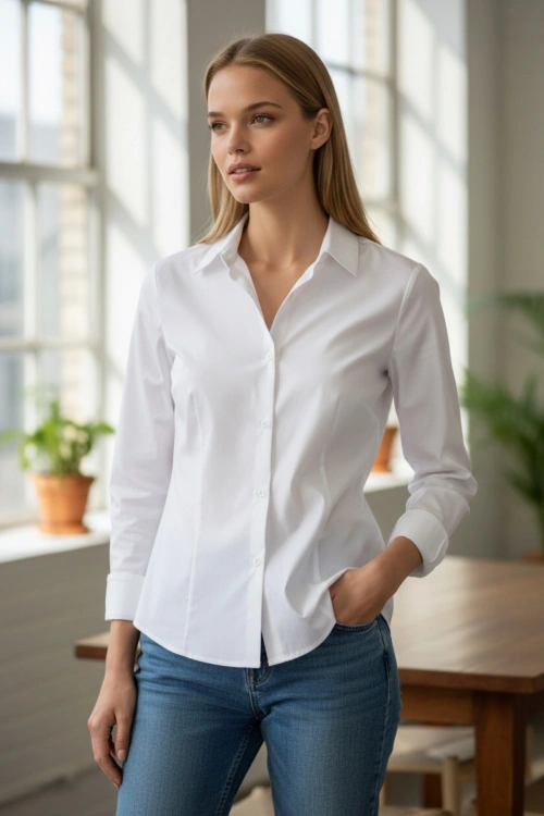 Kadın Beyaz Slim Fit Pensli Dar Kesim Günlük Şık Gömlek