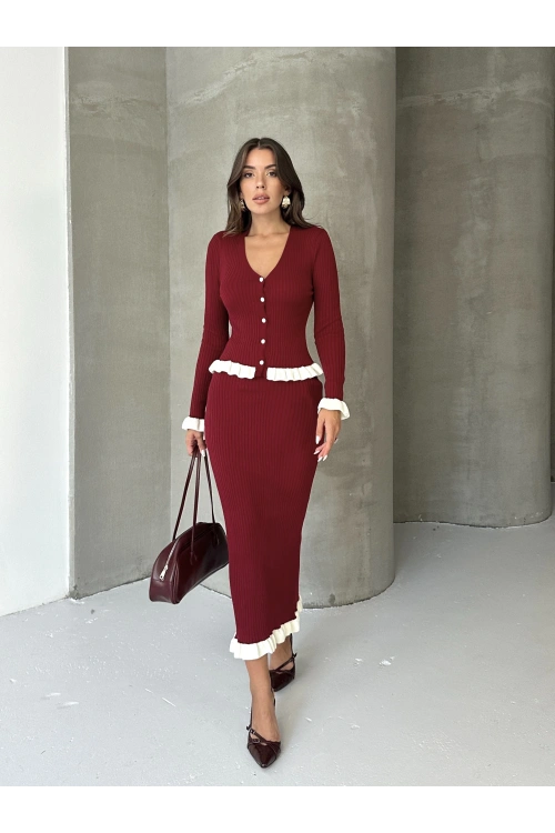 Kadın Bordo Fitilli Fırfır Detaylı Etek Bluz Zarif Triko Takım (S Beden)