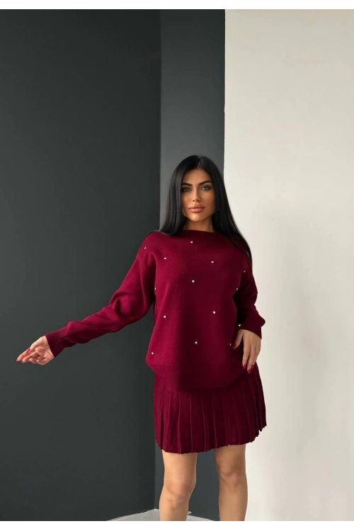 Kadın Bordo İnci Taş İşlemeli Kazak Etek Alt Üst İkili Triko Takım