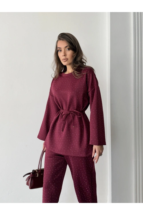 Kadın Bordo Taş İşlemeli Bel Bağlama Detaylı Bluz Pantolon Alt Üst İkili Takım