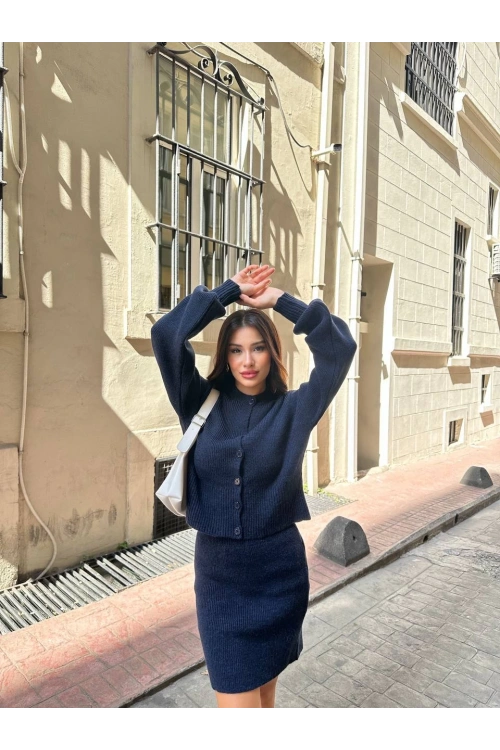 Kadın Lacivert Hırka Etek Alt Üst İkili Triko Takım