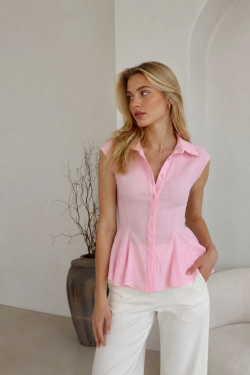 Kadın Pembe Çizgili Dar Kesim Simli Şık Sıfır Kol Gömlek