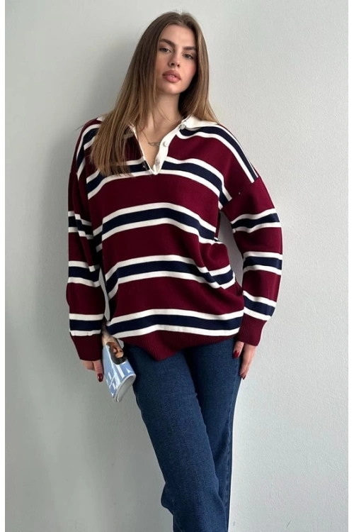 Kadın Polo Yaka Bordo Oversize Kazak
