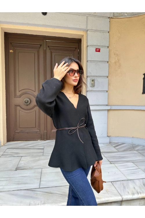 Kadın Siyah Deri ip bağlama detaylı Triko Hırka