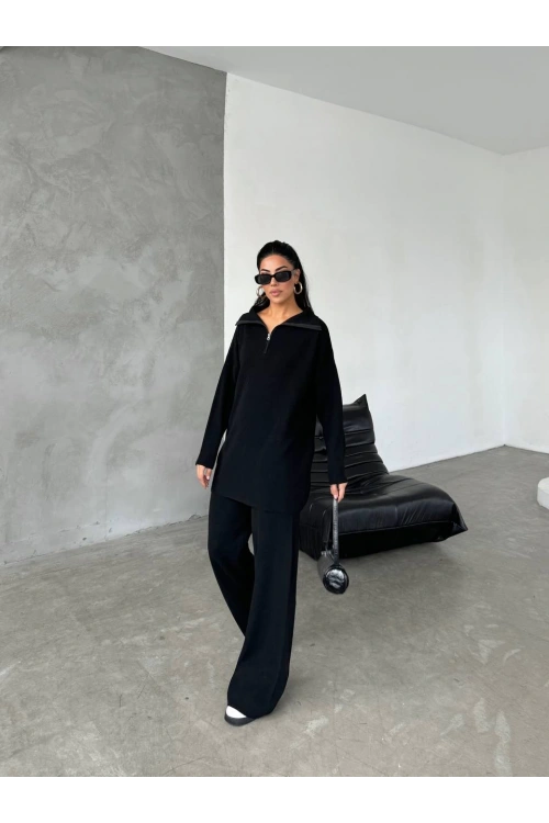 Kadın Siyah Rahat Kesim Fermuarlı Oversize Alt Üst ikili Triko Takım
