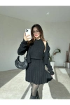 Kadın Siyah Hırka Bluz Yelek 3lü Triko Takım S/M