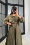 Kadın Haki Çiçek Nakışlı Gömlek Beli Lastikli Etek Bluz İkili Takım