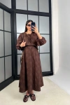 Kadın Kahverengi Çiçek Nakışlı Gömlek Beli Lastikli Etek Bluz İkili Takım